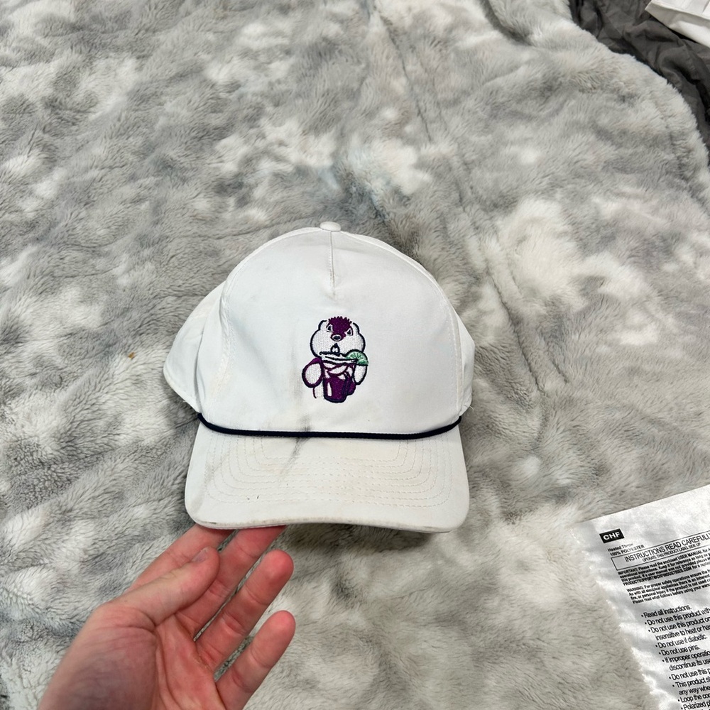 Peter Millar White Hat with Purple and Green Design